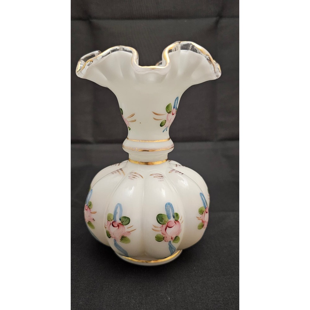 Fenton Glass Charleton Vase Beaded Melon Roses and Bows Hand Painted Crested